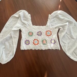Aerie Off-White Crochet Juniors Blouse with Multicolor Accents